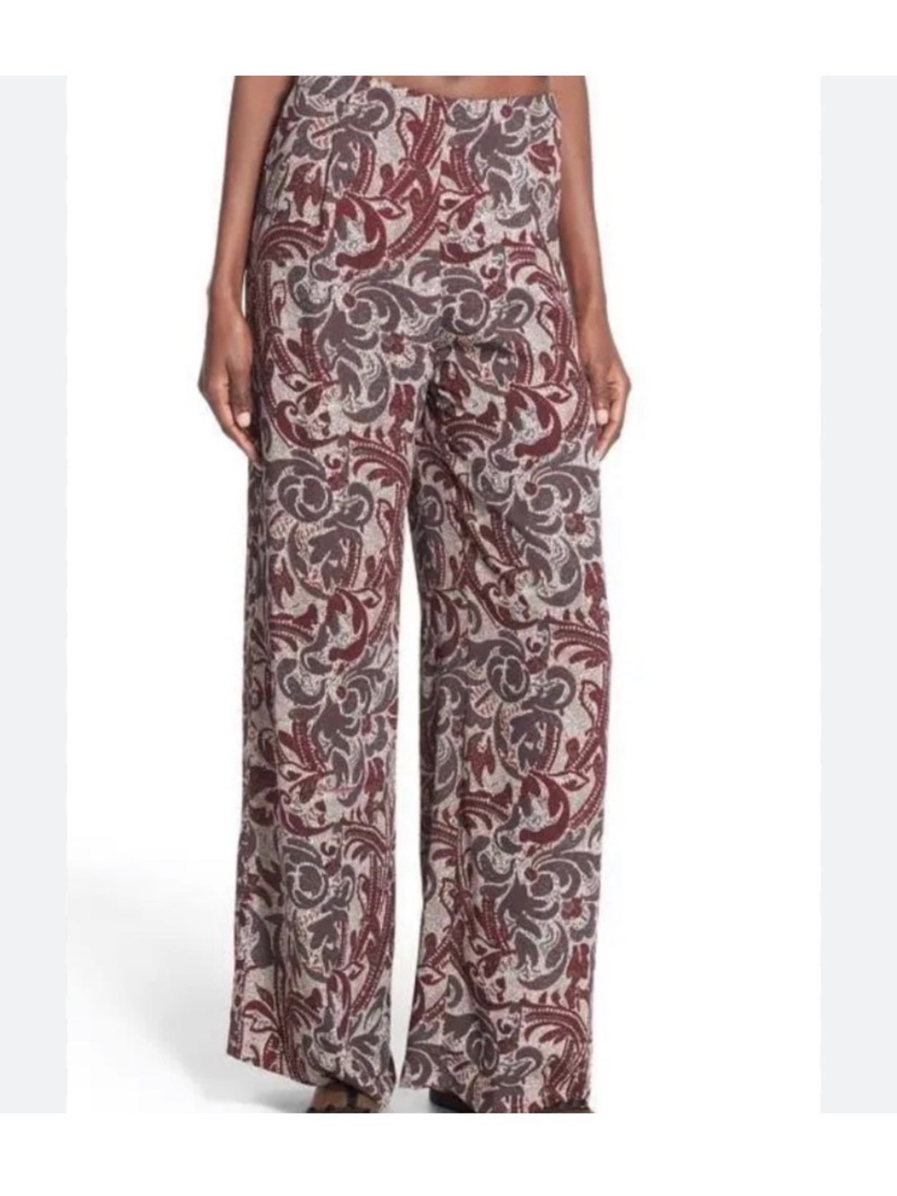 ASTR The Label Wide Leg Paisley Palazzo Pants - Wine Red & Gray - Size Medium